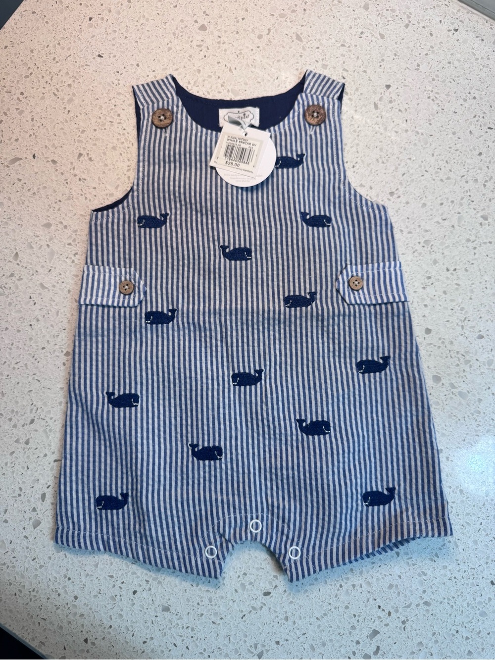 Mudpie Striped Blue Whale Romper - Size 3-6M